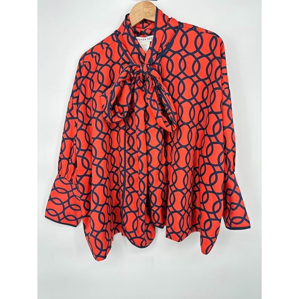 Gretchen Scott Impossibly Fabulous Top Orange Navy Geometric‎ Tie Neck Size Med
